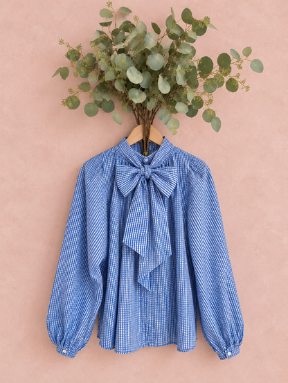 Mia Detachable Tie Neck Cotton Shirt With Extra Plain Tie - Indigo Check Print