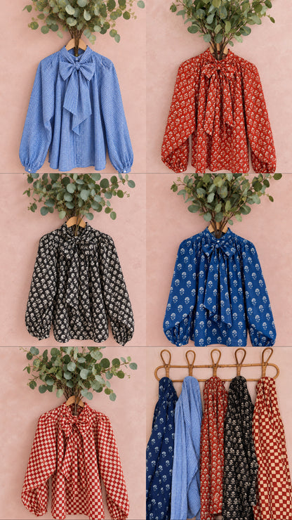 Mia Detachable Tie Neck Cotton Shirt With Extra Plain Tie - Indigo Check Print