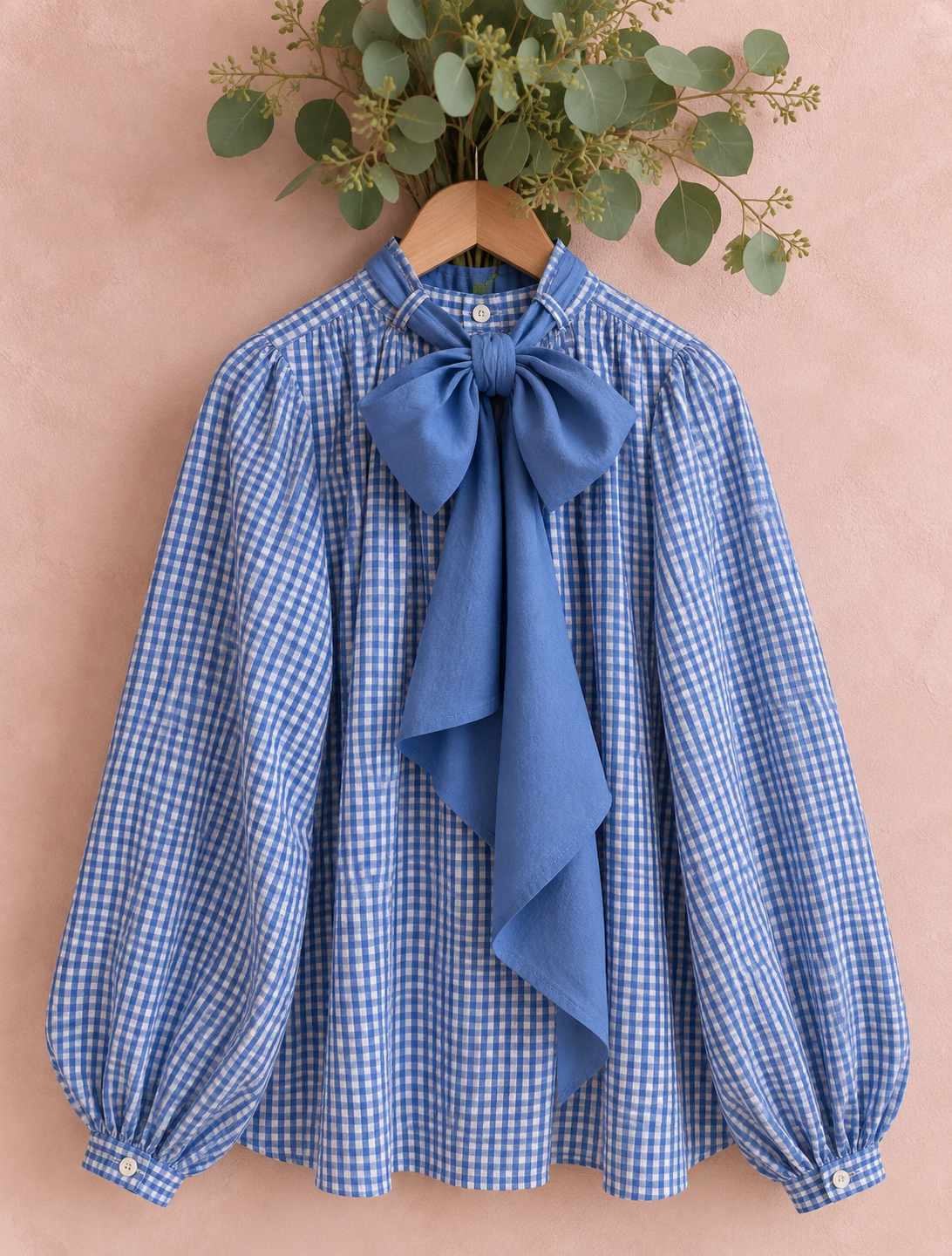 Mia Detachable Tie Neck Cotton Shirt With Extra Plain Tie - Indigo Check Print
