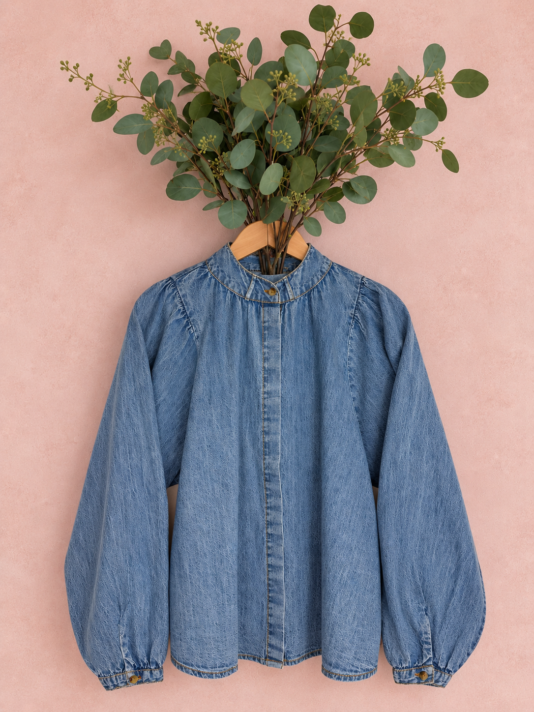 Didi Detachable Tie Neck Cotton Chambray Denim Shirt - Mid Denim Wash