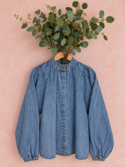 Didi Detachable Tie Neck Cotton Chambray Denim Shirt - Mid Denim Wash