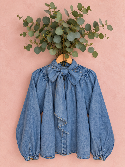 Didi Detachable Tie Neck Cotton Chambray Denim Shirt - Mid Denim Wash