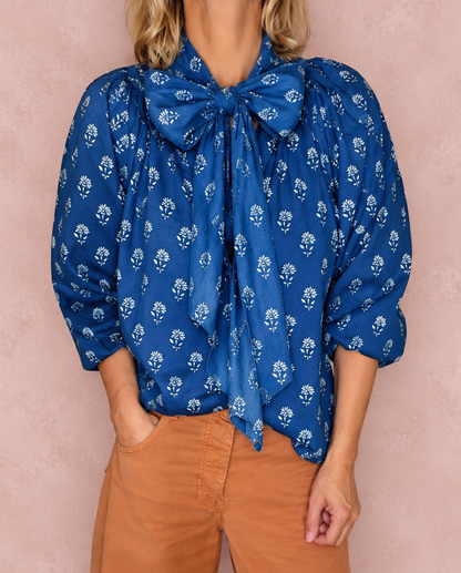 Immy Detachable Tie Neck Cotton Shirt - Ink Print