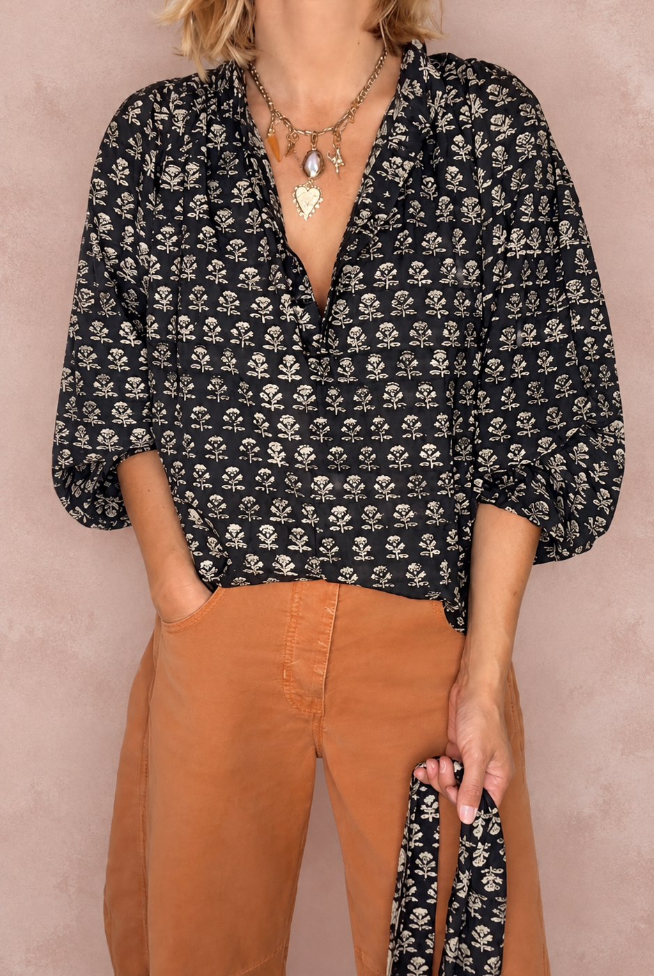 Jet Detachable Tie Neck Cotton Shirt - Liquorice