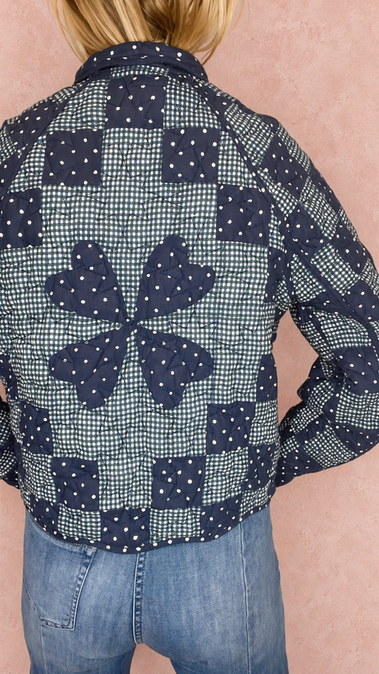 Clover Patchwork Quilted Cotton Jacket - Deep Indigo and Deep Teal