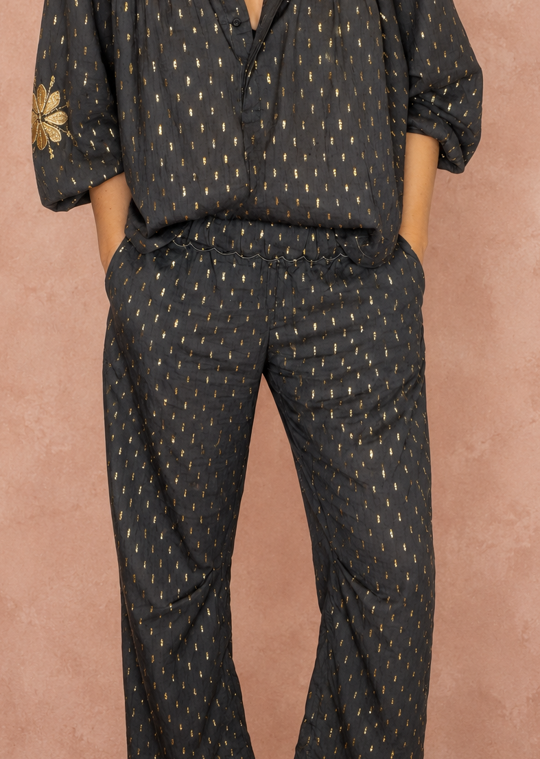 Goldie Elasticated Peplum Waist Barrel Leg Trouser - Dark Charcoal & Gold