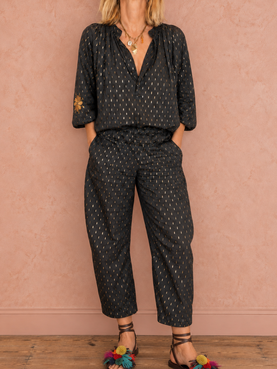 Goldie Elasticated Peplum Waist Barrel Leg Trouser - Dark Charcoal & Gold