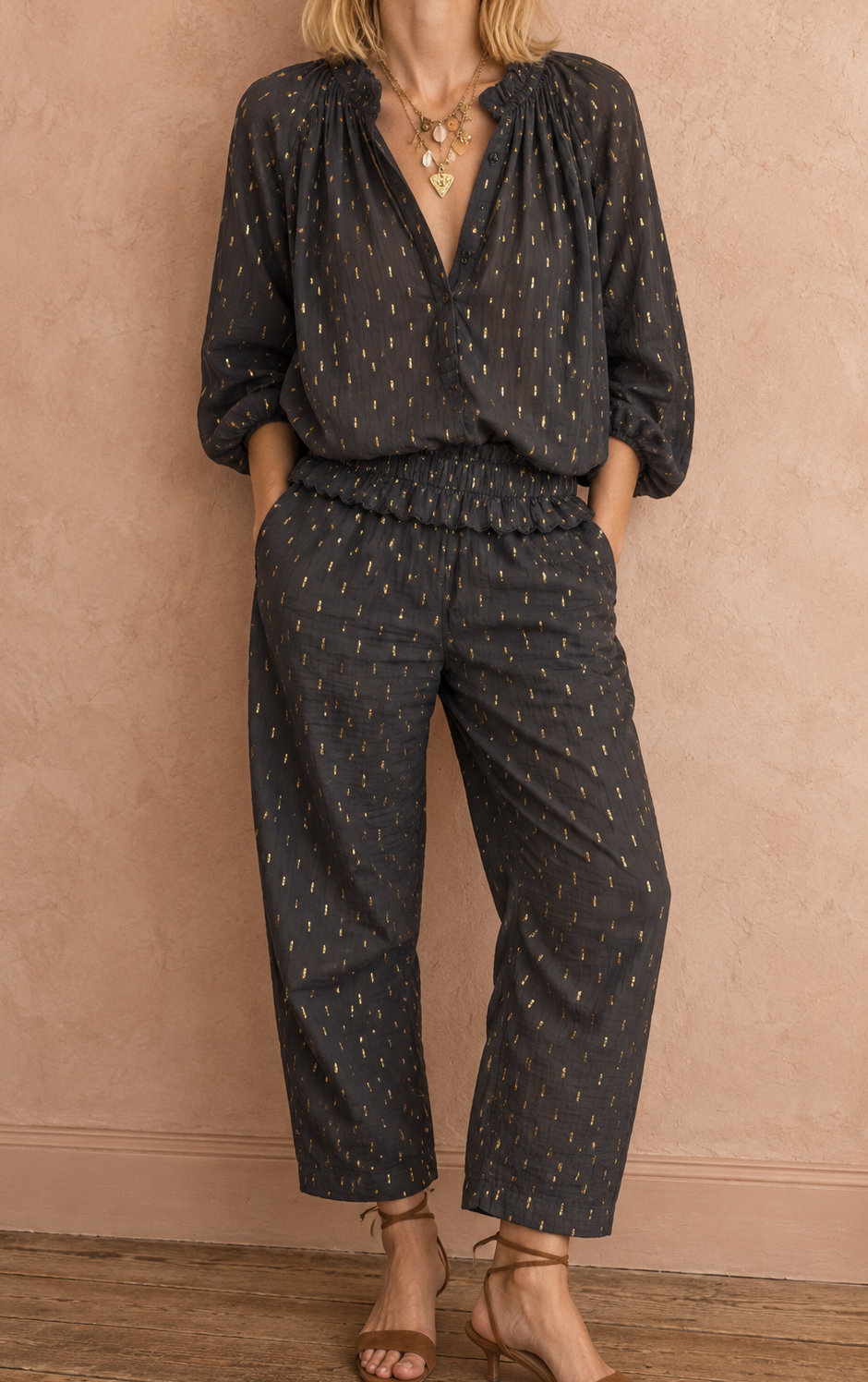 Goldie Elasticated Peplum Waist Barrel Leg Trouser - Dark Charcoal & Gold