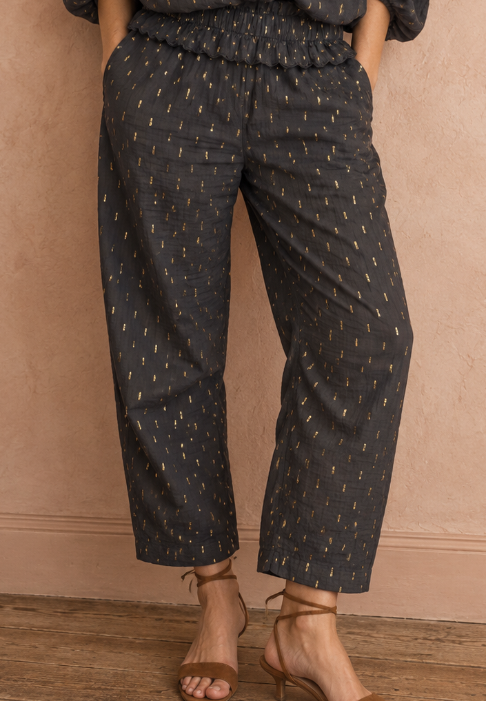 Goldie Elasticated Peplum Waist Barrel Leg Trouser - Dark Charcoal & Gold