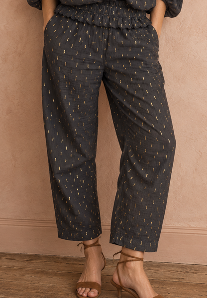 Goldie Elasticated Peplum Waist Barrel Leg Trouser - Dark Charcoal & Gold