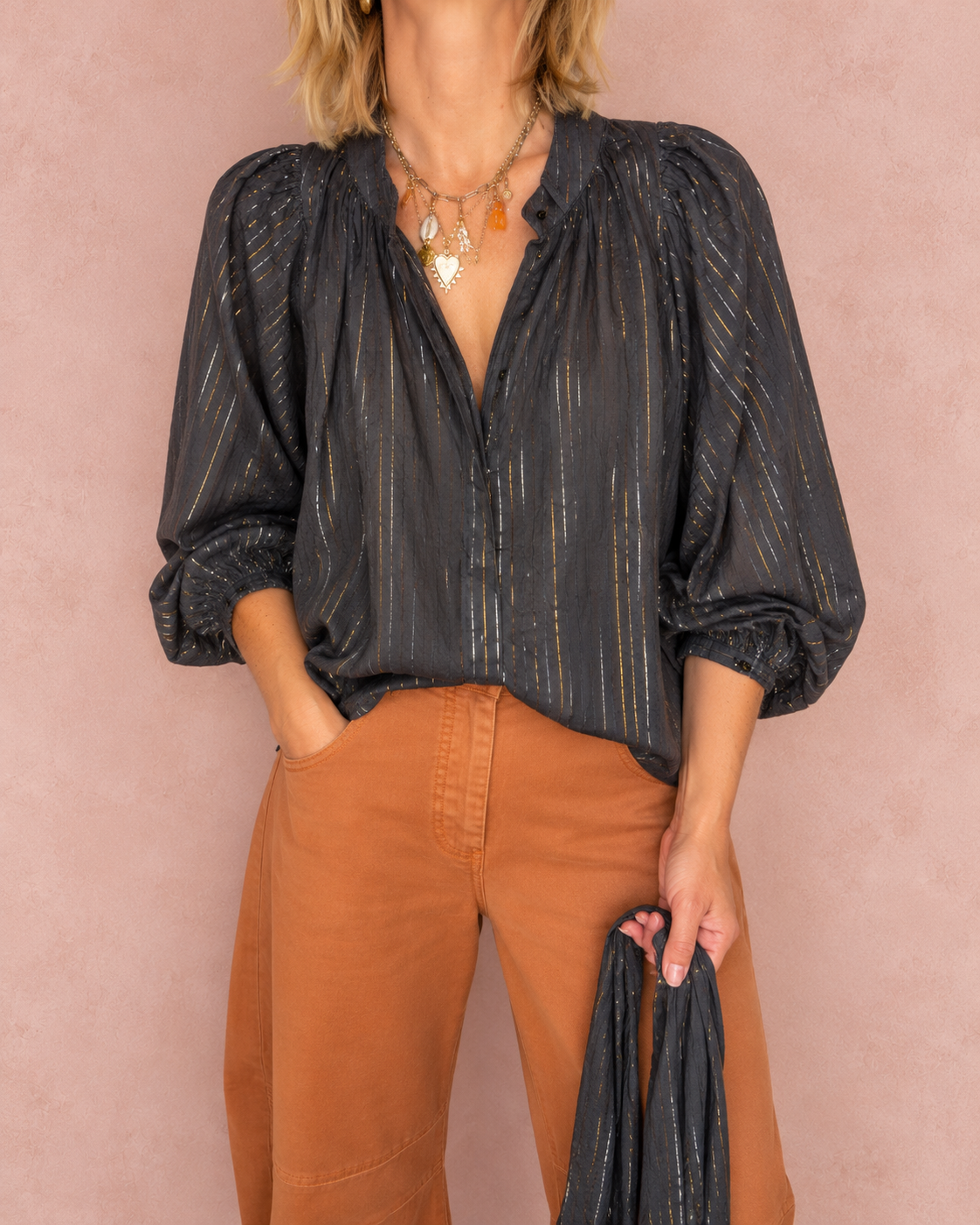 Nina Metallic Stripe Detachable Tie Neck Cotton Shirt - Midnight
