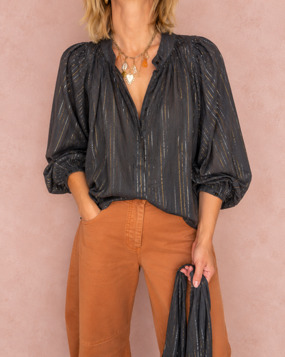 Nina Metallic Stripe Detachable Tie Neck Cotton Shirt - Midnight