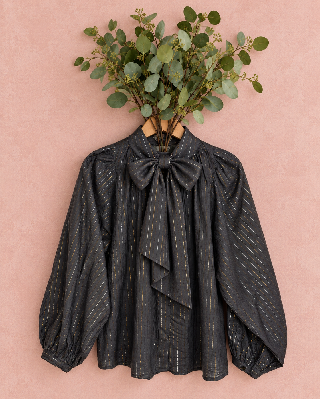 Nina Metallic Stripe Detachable Tie Neck Cotton Shirt - Midnight