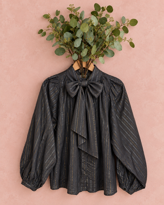 Nina Metallic Stripe Detachable Tie Neck Cotton Shirt - Midnight