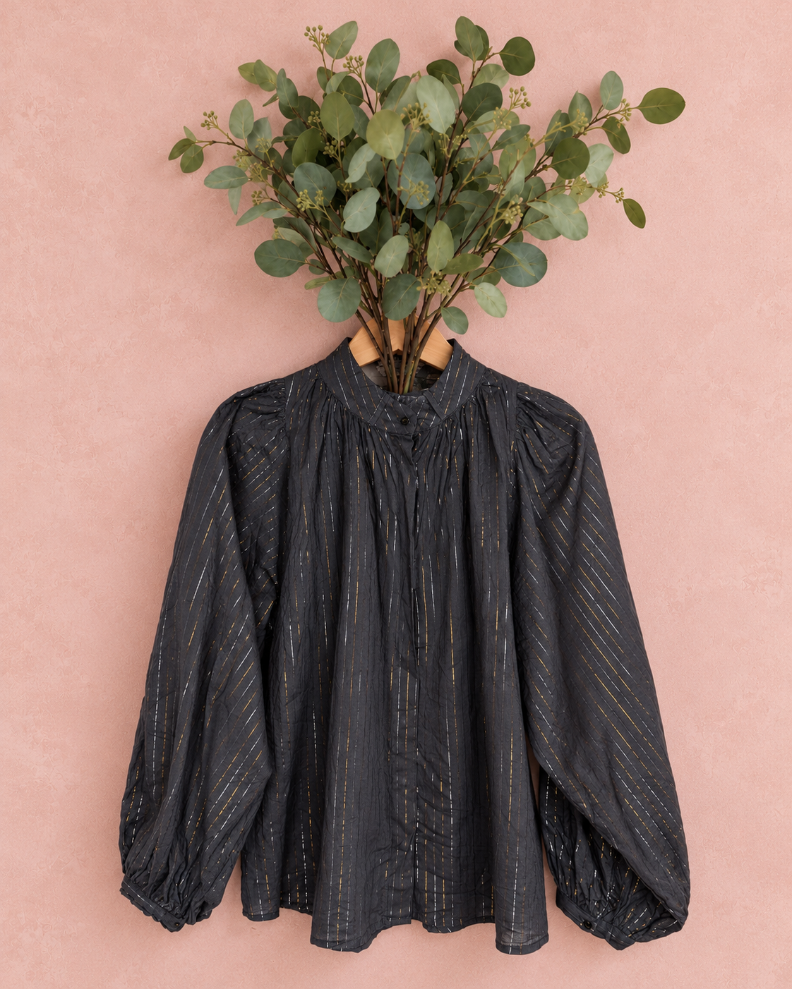 Nina Metallic Stripe Detachable Tie Neck Cotton Shirt - Midnight