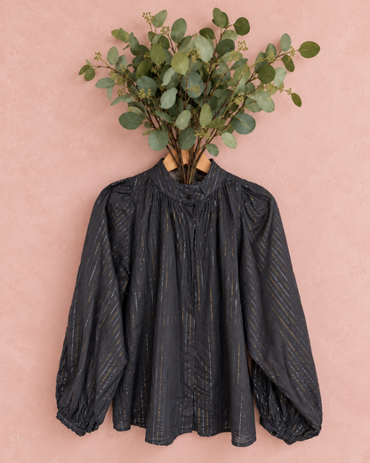 Nina Metallic Stripe Detachable Tie Neck Cotton Shirt - Midnight