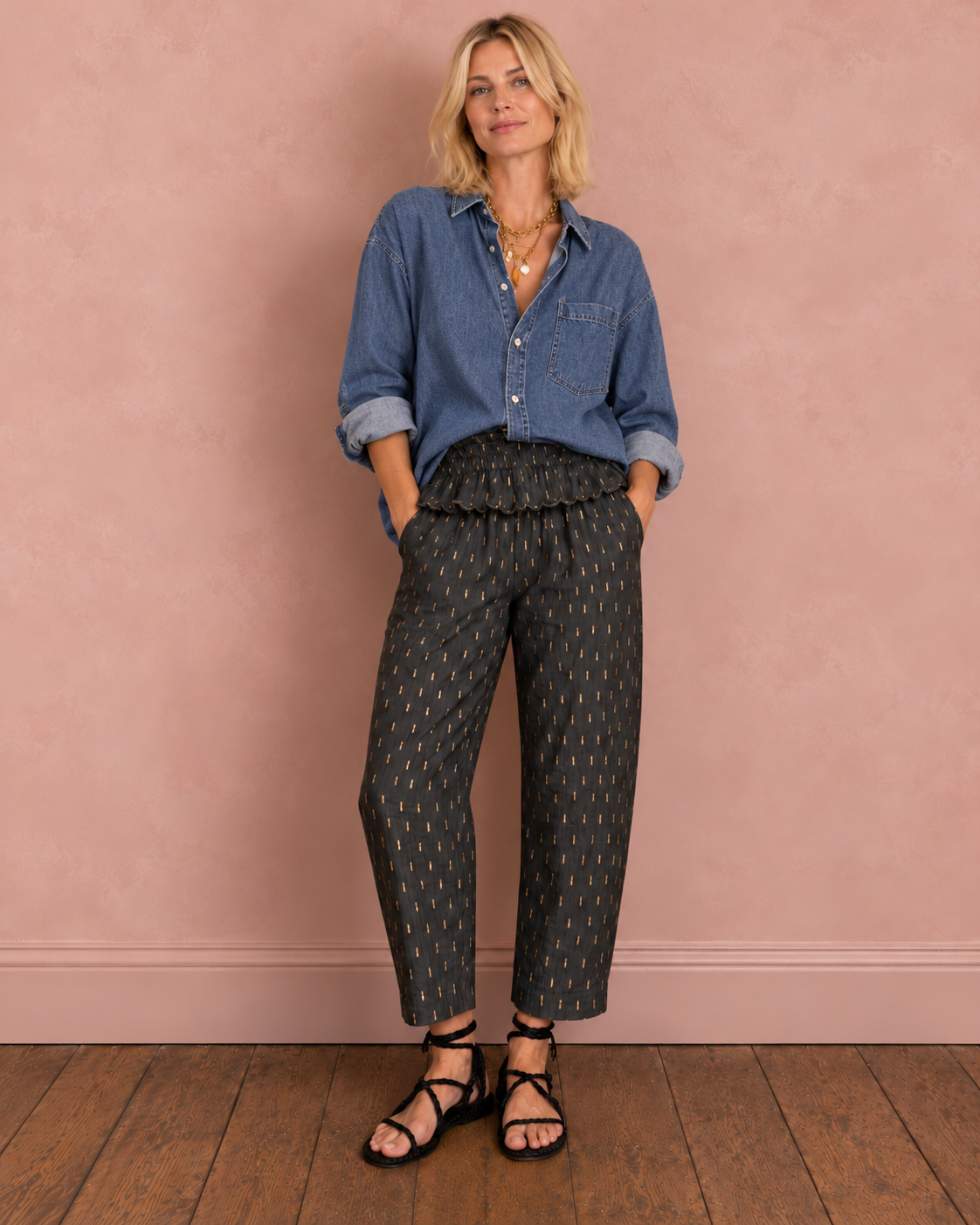 Goldie Elasticated Peplum Waist Barrel Leg Trouser - Dark Charcoal & Gold