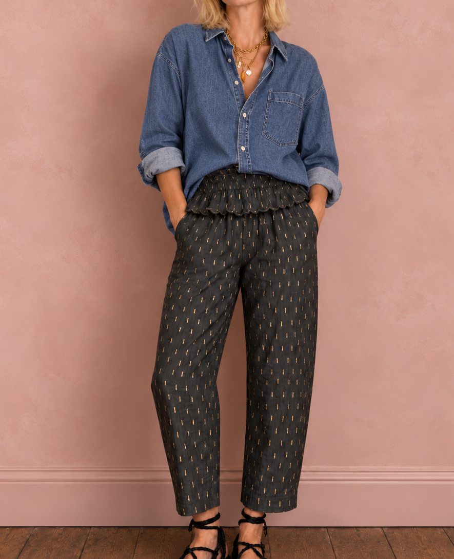 Goldie Elasticated Peplum Waist Barrel Leg Trouser - Dark Charcoal & Gold