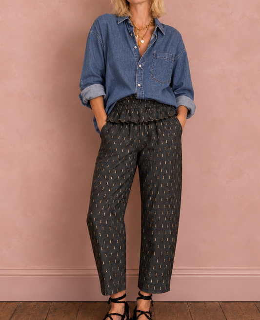 Goldie Elasticated Peplum Waist Barrel Leg Trouser - Dark Charcoal & Gold