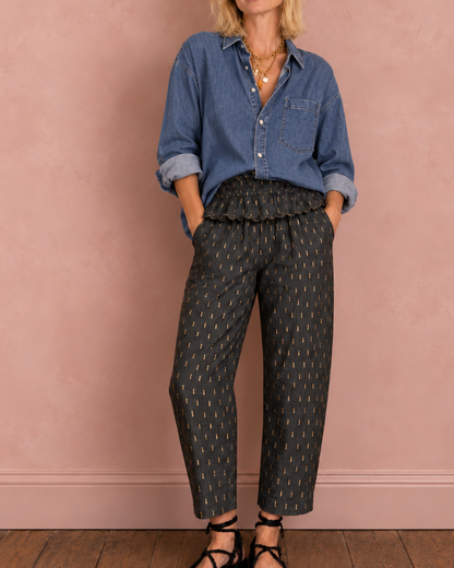 Goldie Elasticated Peplum Waist Barrel Leg Trouser - Dark Charcoal & Gold