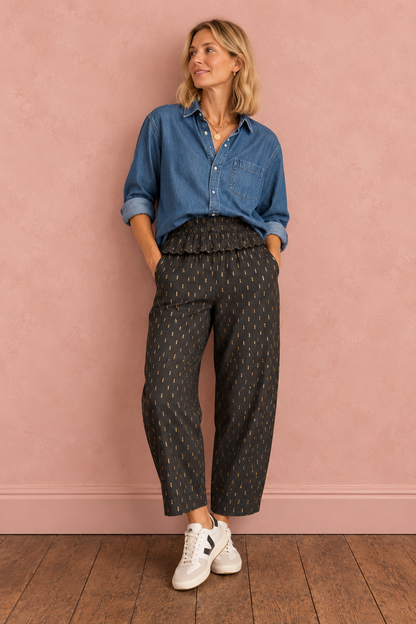 Goldie Elasticated Peplum Waist Barrel Leg Trouser - Dark Charcoal & Gold