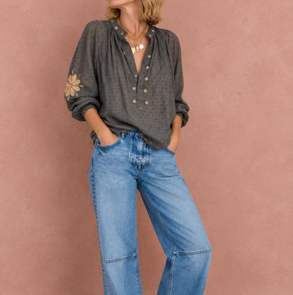 Shivani Half Placket Cotton Pop-Over Top - Washed Black