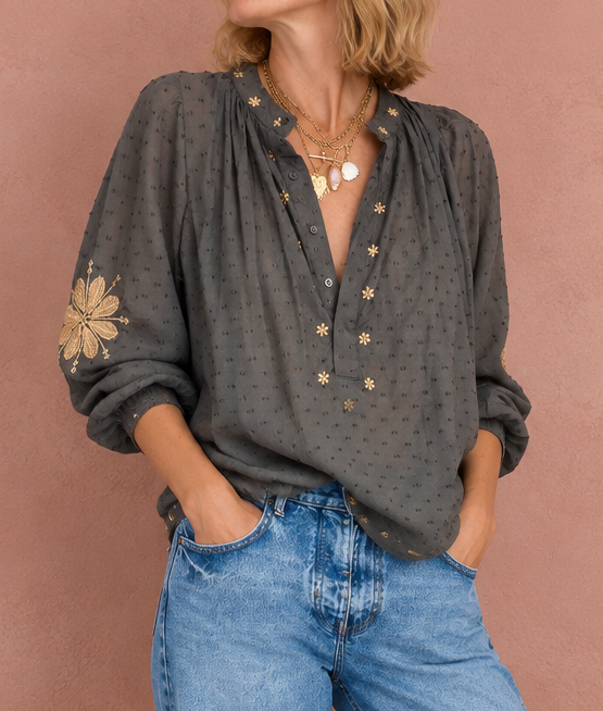 Shivani Half Placket Cotton Pop-Over Top - Washed Black