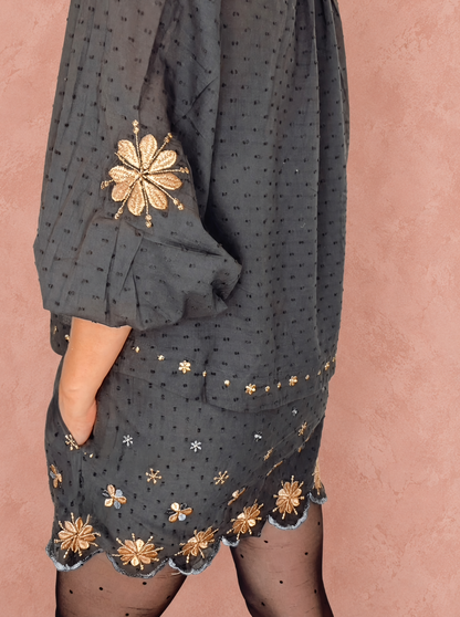 Shivani Half Placket Cotton Pop-Over Top - Washed Black