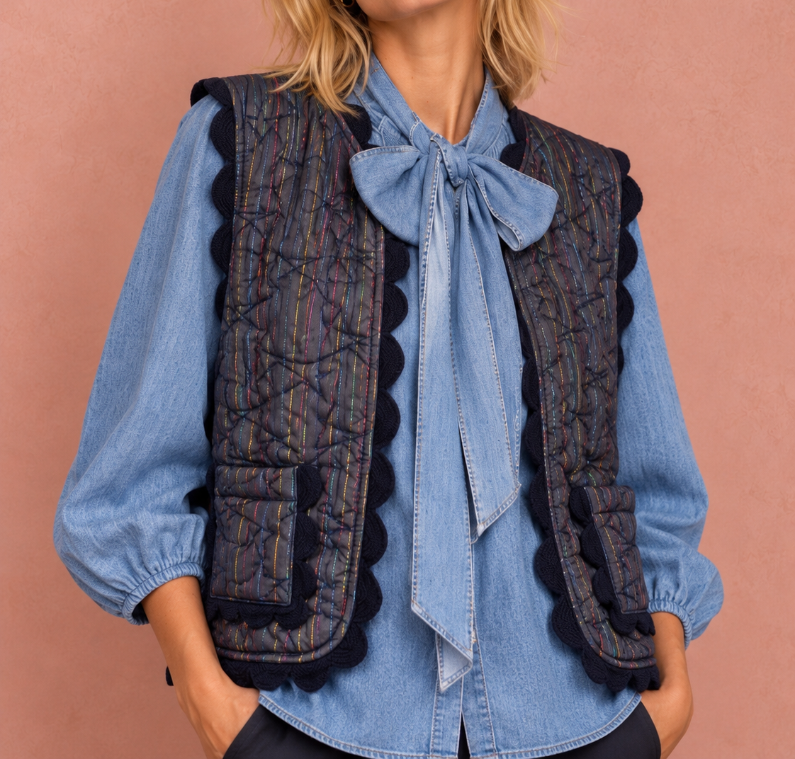 Disco Ric Rac Cotton & Metallic Stripe Quilted Gilet - Midnight & Multi Col Metallic Stripes
