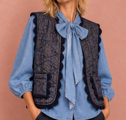 Disco Ric Rac Cotton & Metallic Stripe Quilted Gilet - Midnight & Multi Col Metallic Stripes