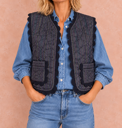 Disco Ric Rac Cotton & Metallic Stripe Quilted Gilet - Midnight & Multi Col Metallic Stripes