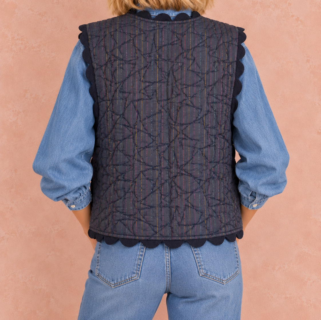Disco Ric Rac Cotton & Metallic Stripe Quilted Gilet - Midnight & Multi Col Metallic Stripes