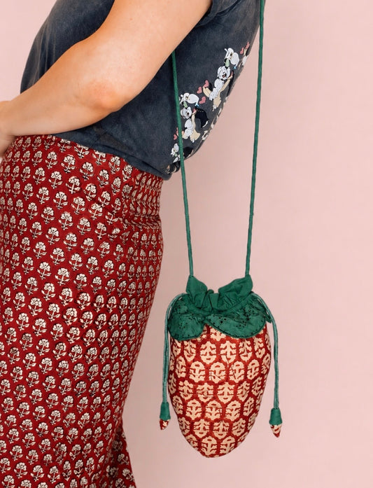 Strawberry Cotton Quilted Bag With Adjustable Strap - Deep Ruby Red