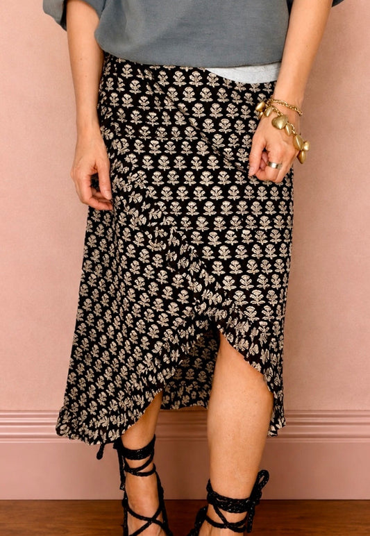 Jet Frilly Edge Cotton Wrap MIDI Skirt - Jet Black