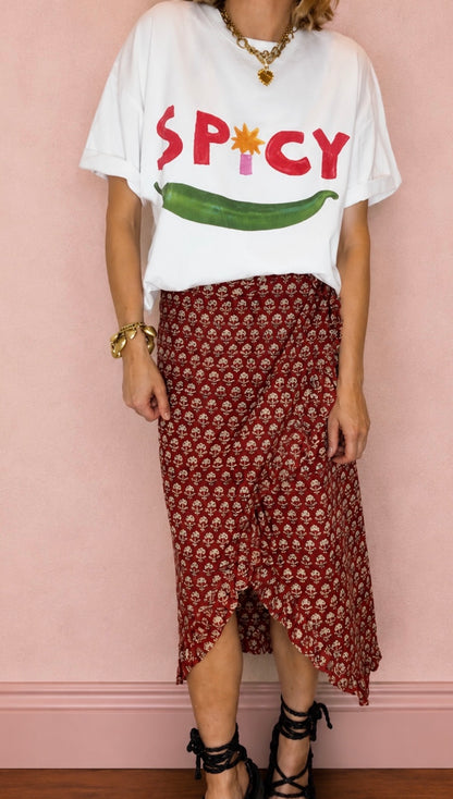 Ruby Frilly Edge Cotton Wrap MIDI Skirt - Ruby Red