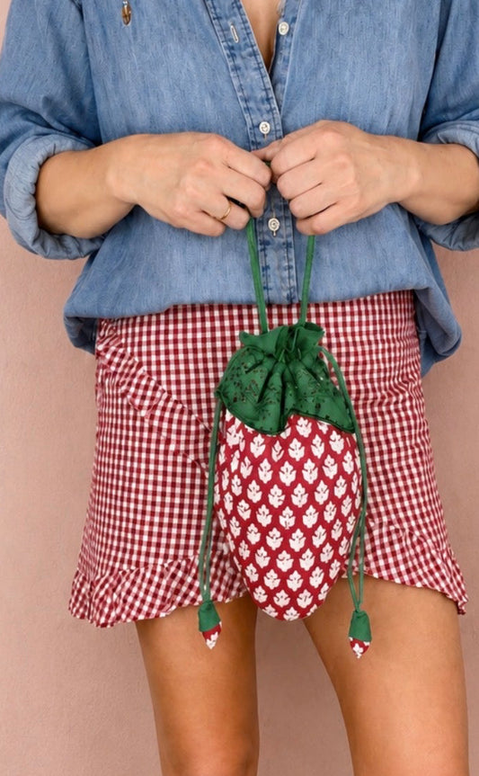 Strawberry Cotton Quilted Bag With Adjustable Strap - Chilli Red