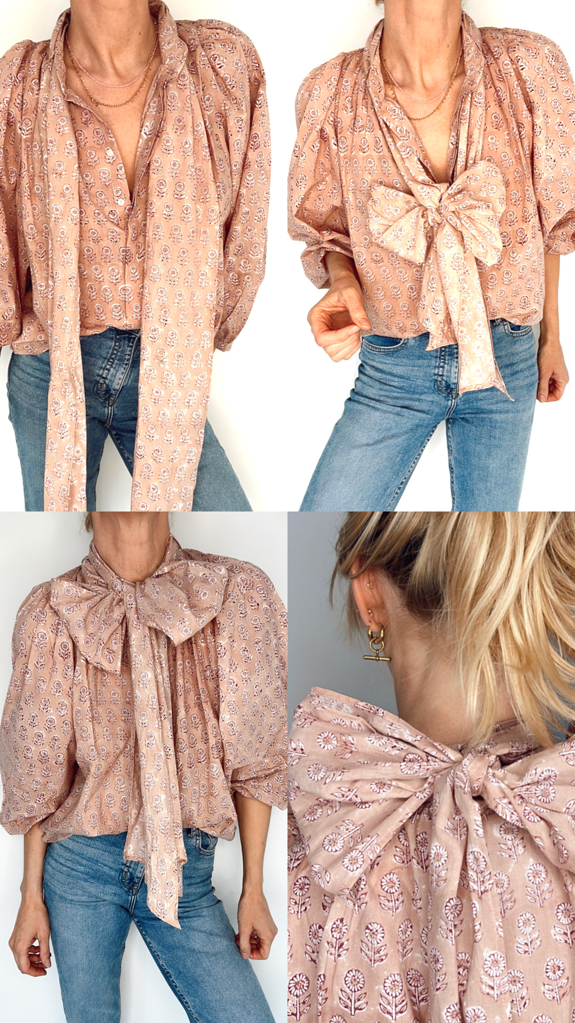 Peony Pink Floral Tie Neck Cotton Shirt