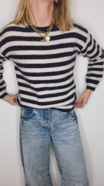 Interchangeable Bow Cuff Stripe Jumper - Dark Navy and Cream